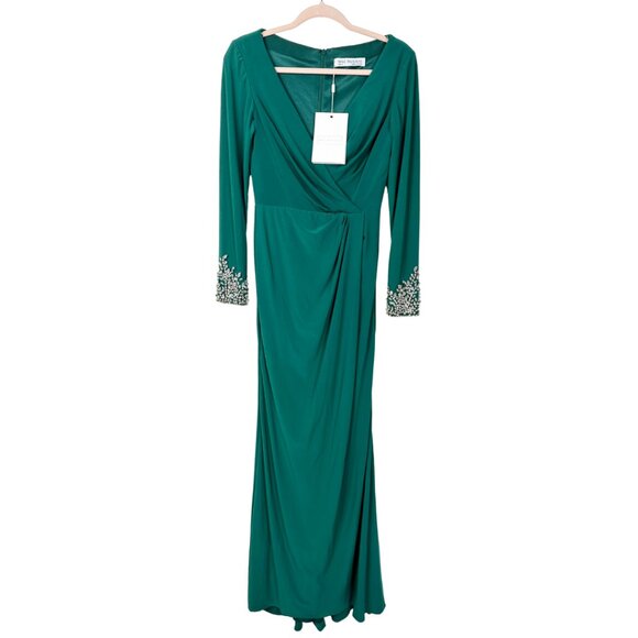 NWT Mac Duggal Beaded Cuff Long Sleeve Faux Wrap Gown Emerald 2 #9831 - Picture 1 of 5